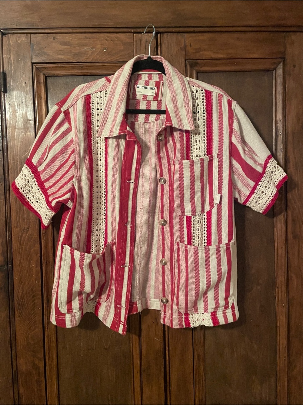 We The Free Red Striped Crochet-Accent Button-Down